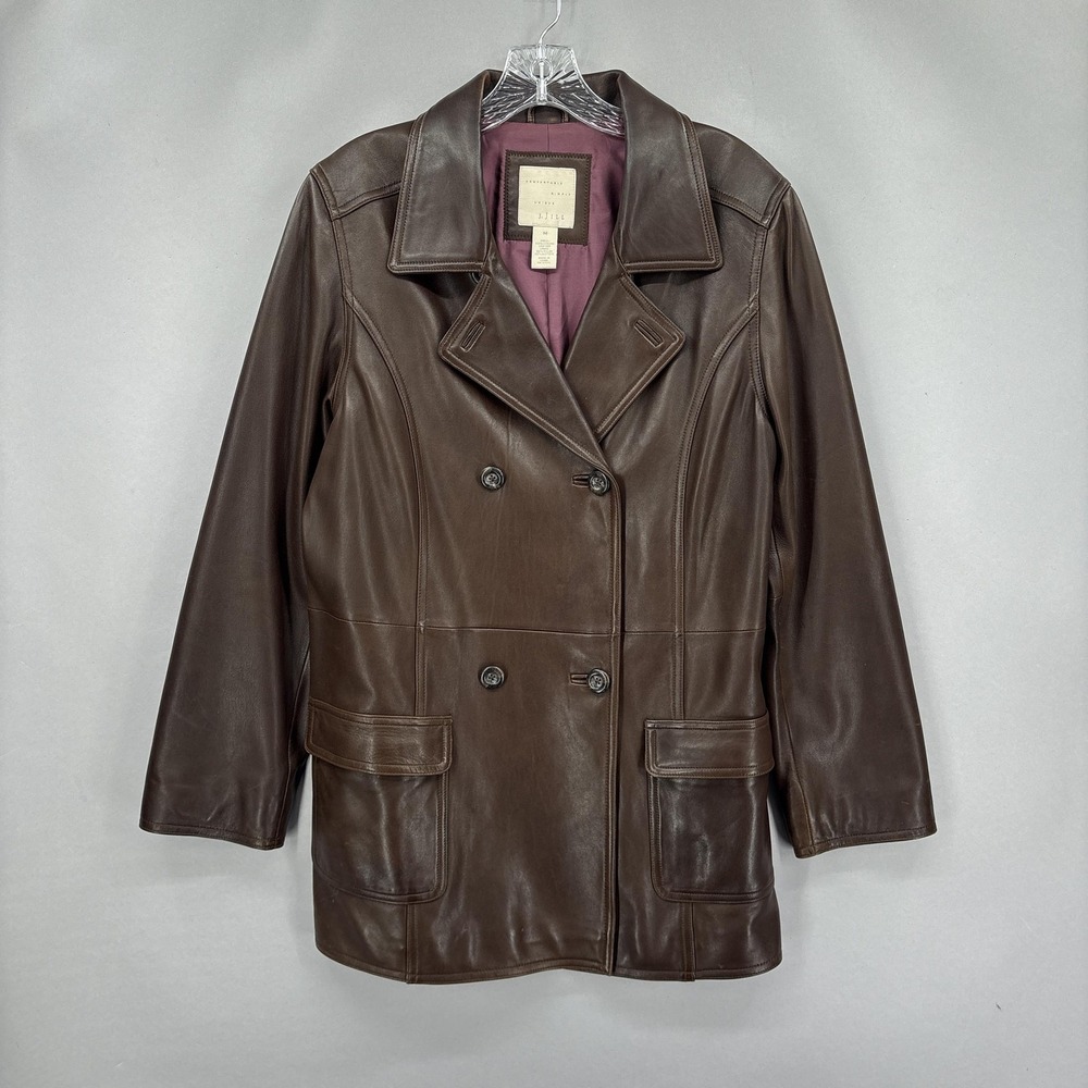 J. Jill Leather Jacket Womens Medium Brown Double Breasted Peacoat Pockets Lined